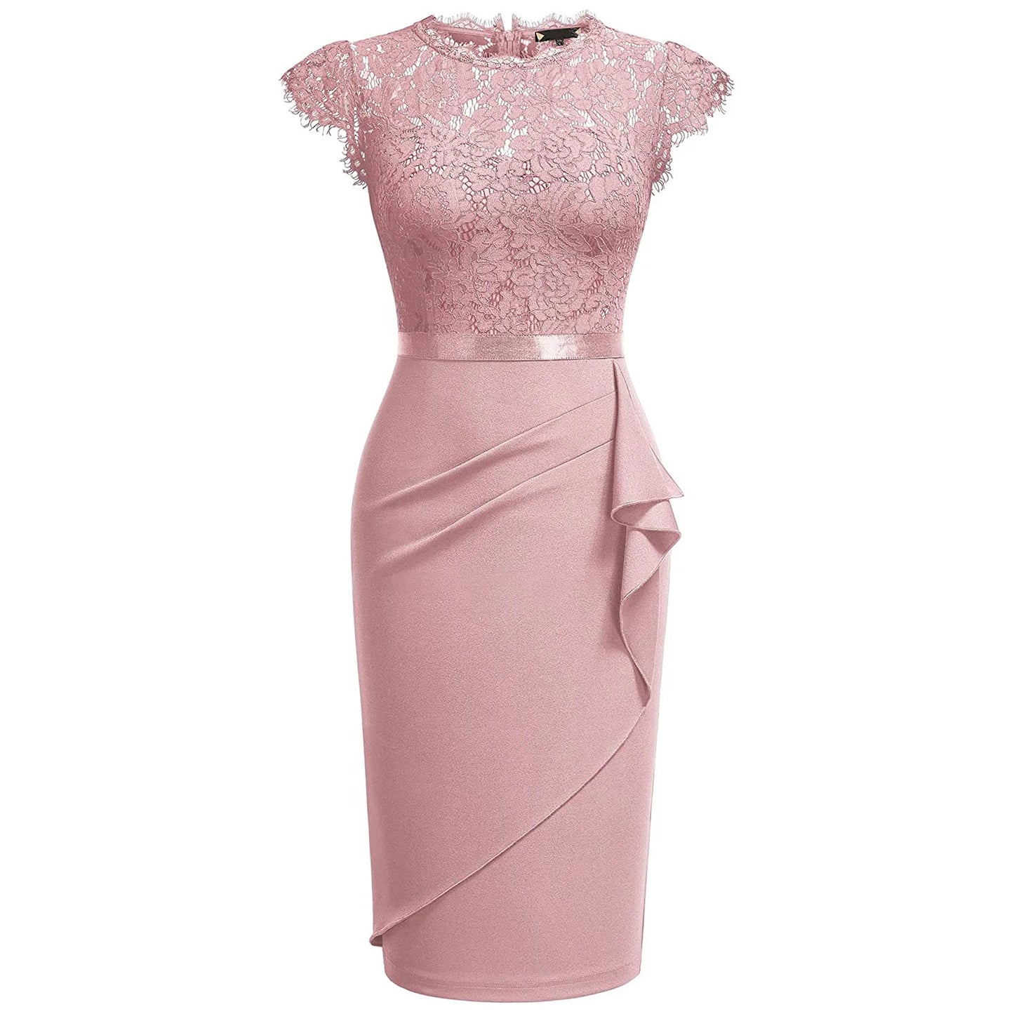 Elegant Floral Lace Ruffle Cap Sleeve Knee Length Dress