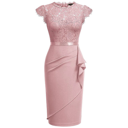 Elegant Floral Lace Ruffle Cap Sleeve Knee Length Dress