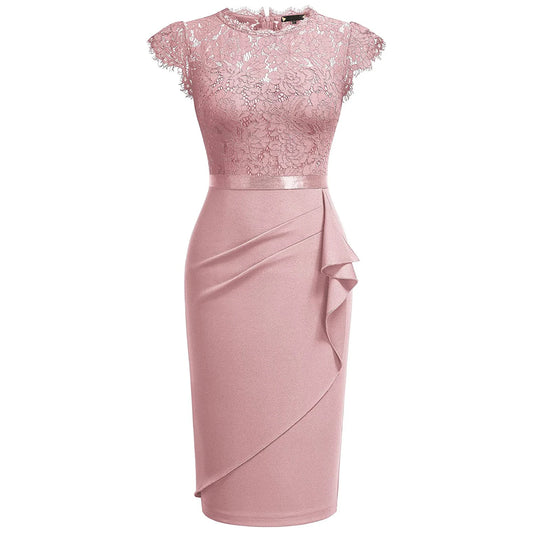 Elegant Floral Lace Ruffle Cap Sleeve Knee Length Dress