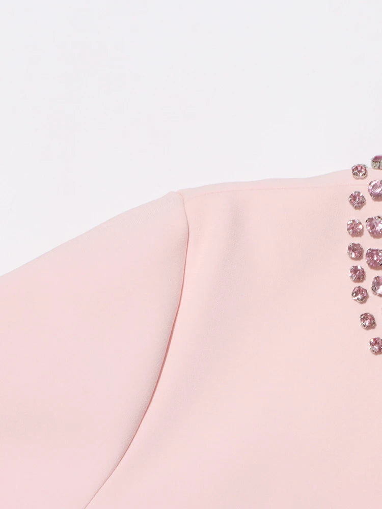 Patchwork Bowknot Elegant Chic Dresses For Women Round Neck Short Sleeve High Waist Spliced Diamonds Slim Dress Female