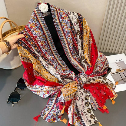 Viscose Cotton Scarf Aztec Paisley Floral Shawl Wraps Lady Thin Scarves Fashion Tassel