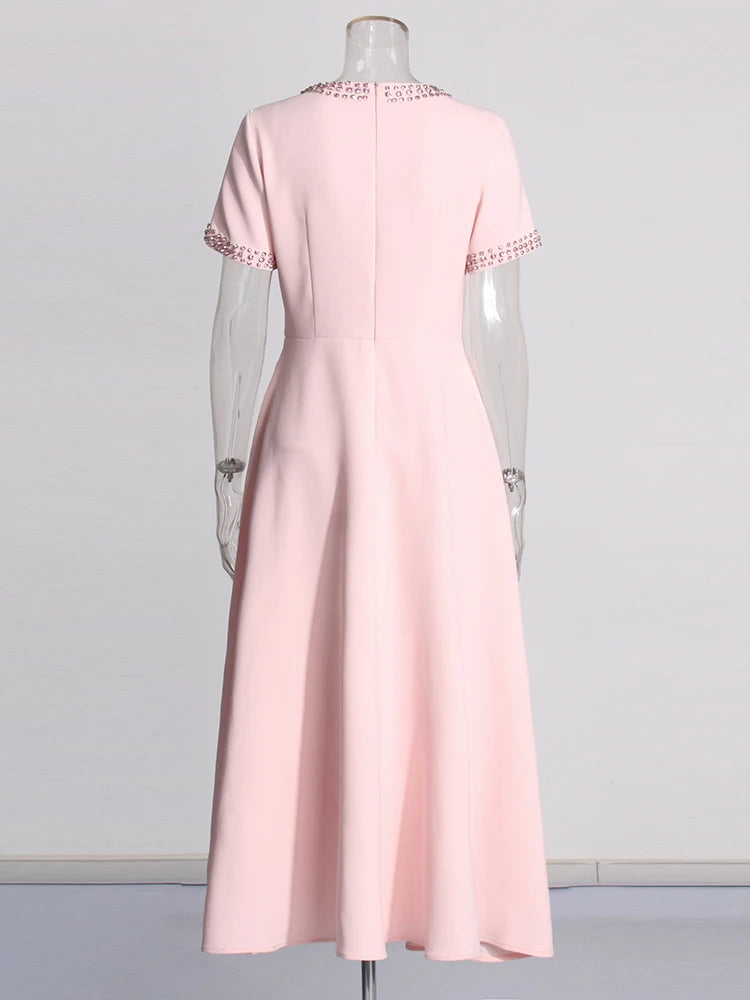 Patchwork Bowknot Elegant Chic Dresses For Women Round Neck Short Sleeve High Waist Spliced Diamonds Slim Dress Female