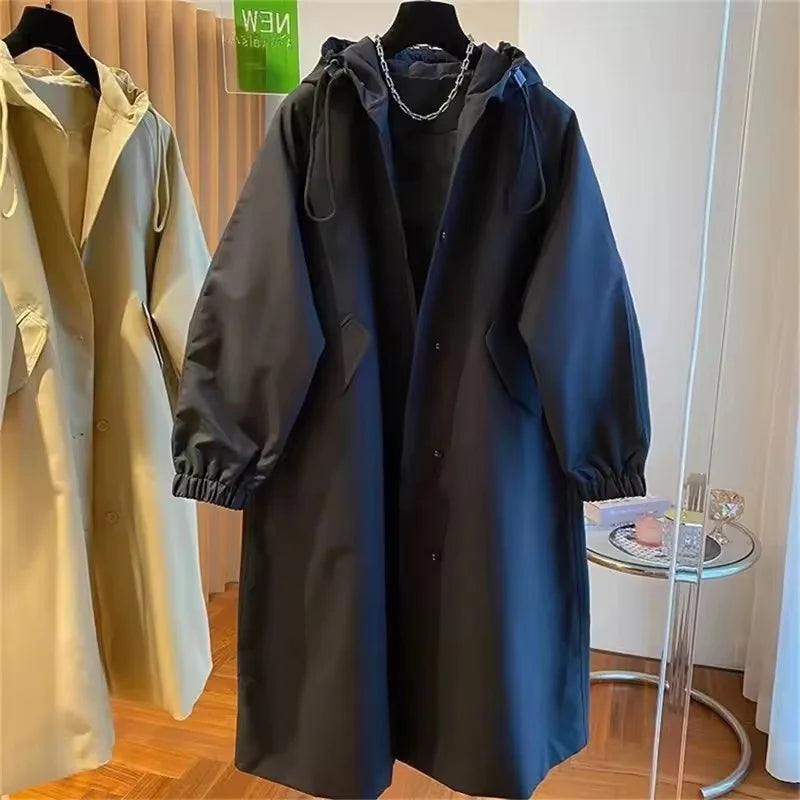 Vintage Long Trench Coat Casual Jacket Hood Drawstring Oversized Windbreaker