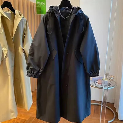 Vintage Long Trench Coat Casual Jacket Hood Drawstring Oversized Windbreaker